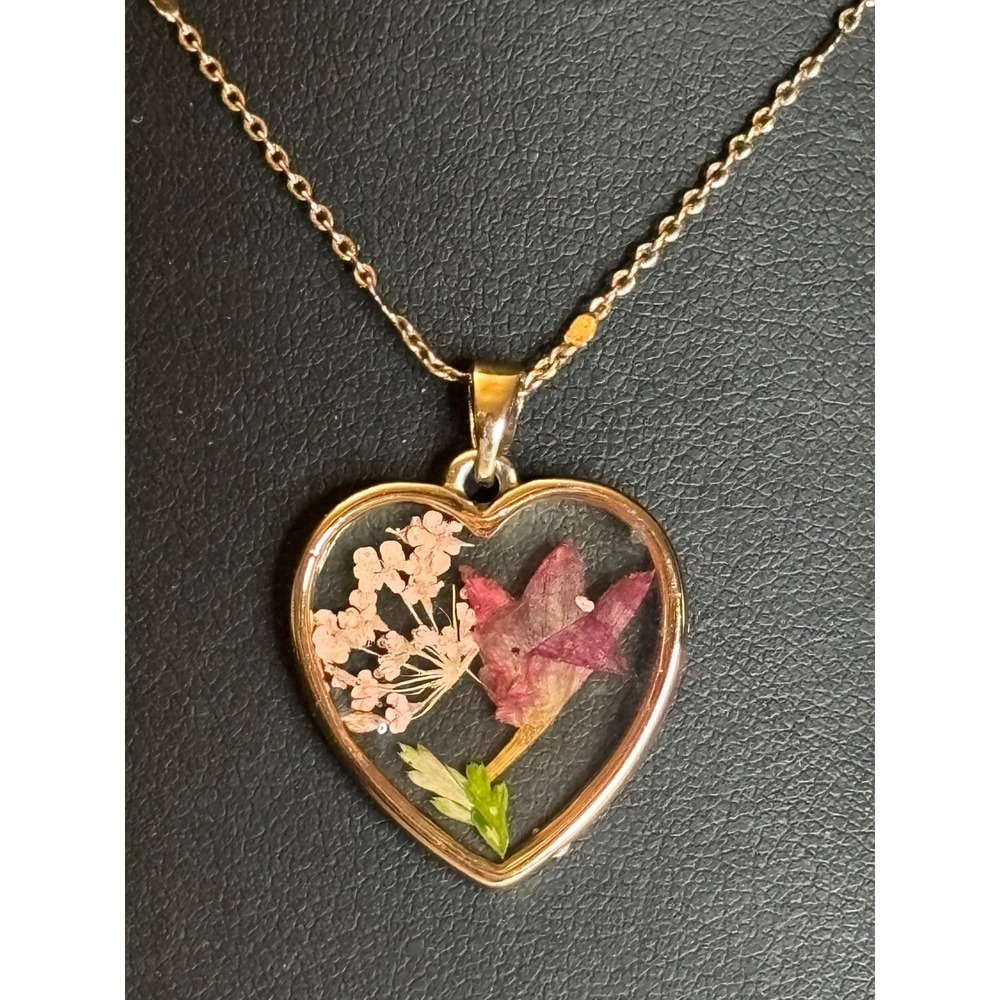 Vintage Heart Necklace Real Dried Pressed Flower Cottagecore Pendant